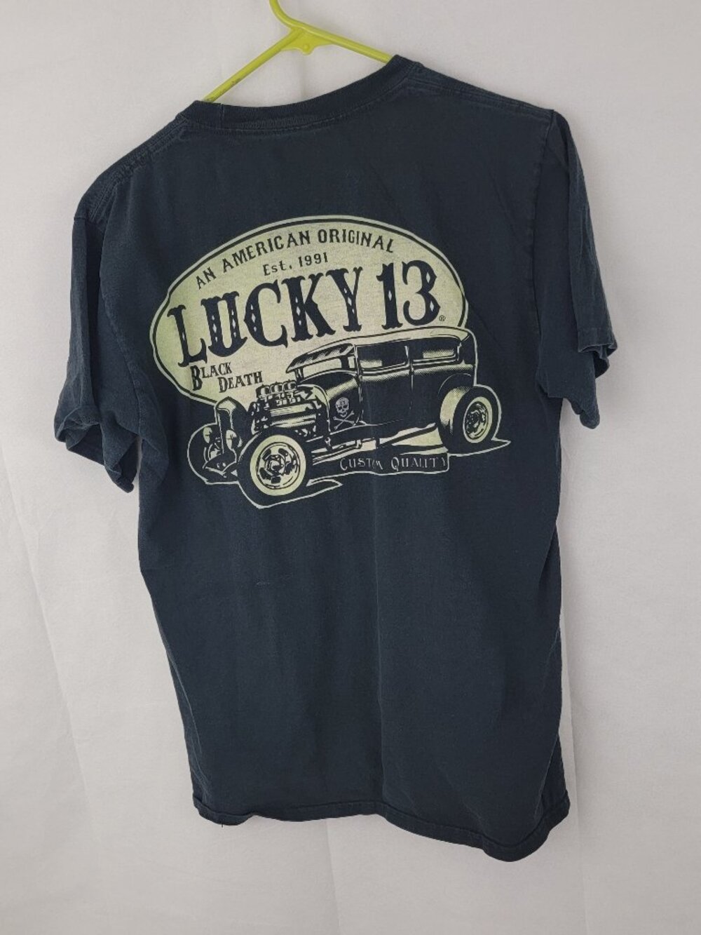 LUCKY 13 Mens T Shirt Sz Medium Black BLACK DEATH Goth Skull Punk Car Show STAIN